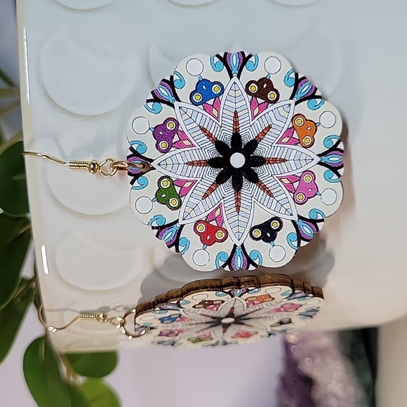 Mandala Wood Drop Earrings - Picture 3 of 4